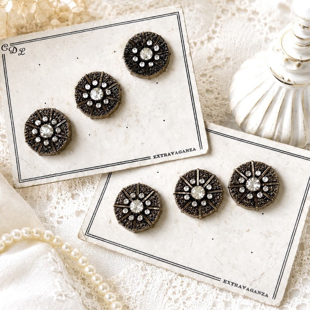 VTG CDL Extravaganza Rhinestone Buttons Set 6 Brass Tone Starburst Carded 1" NOS